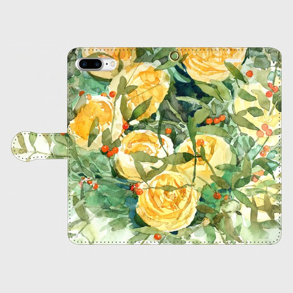黄色いバラとヤドリギ手帳型スマホケース　iphone7plus他大きいサイズ 1枚目の画像