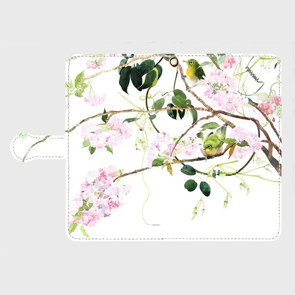 【受注生産】八重桜とメジロ 手帳型スマホケース　　 1枚目の画像