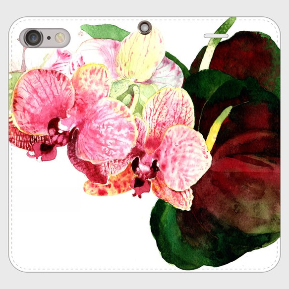 【受注生産】ピンクの蘭とアンスリウムiphone帯無し手帳型スマホケース　小さいケース 1枚目の画像