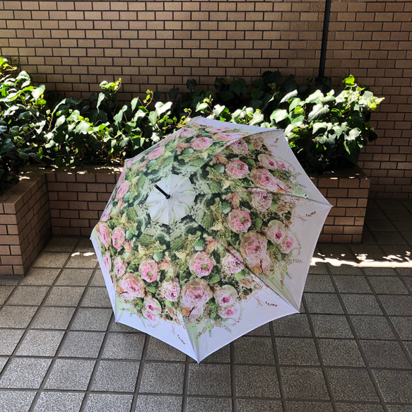 受注生産　TIATORO　秋に咲くピンクのバラと綿の雨傘 1枚目の画像