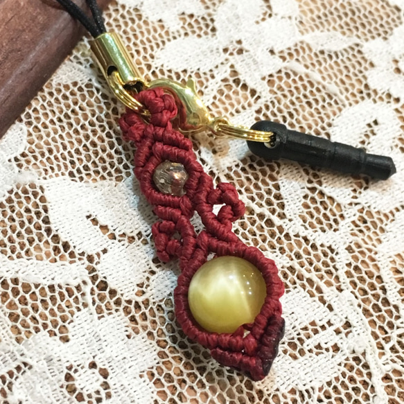 天然石のマクラメ編みストラップ/花瓶（ワイン×ゴールデンタイガーアイ