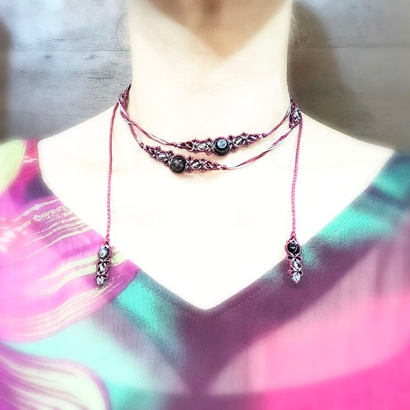 天然石のマクラメ編みネックレス【二連レース】グリーン系・サン