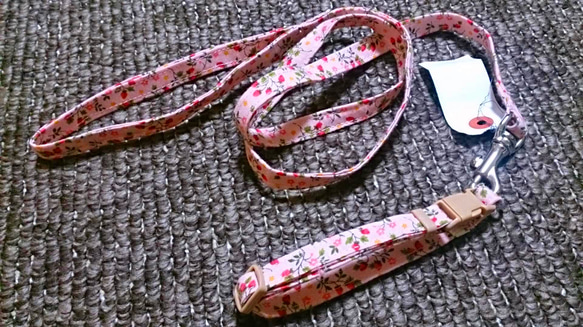 首輪 リード セット 花 ピンク 幅10mm 犬 1枚目の画像