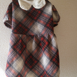 SALE DM 犬服 チェック ワンピース パフスリーブ レース ダックス