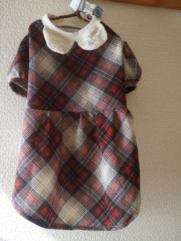 SALE DM 犬服 チェック ワンピース パフスリーブ レース ダックス