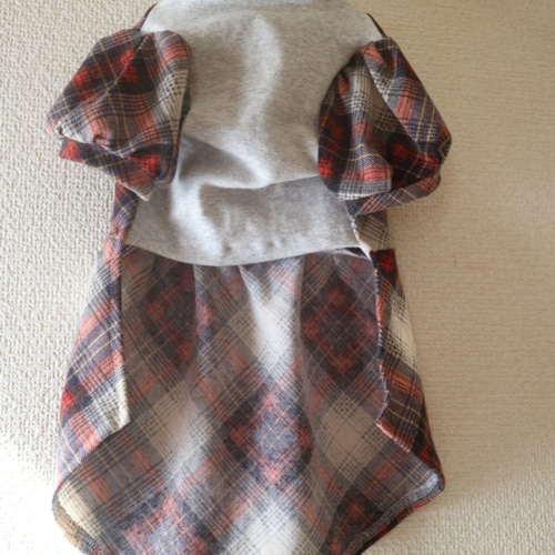 SALE DM 犬服 チェック ワンピース パフスリーブ レース ダックス