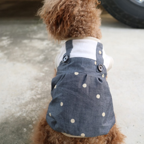 s 犬服 ドット サロペット 重ね着風 切替 バルーン シャツ 犬 チワワ