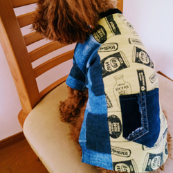 M　犬服　パッチワーク デニム Tシャツ トイプードル パピヨン　シーズ　グリーン ブルー 1枚目の画像