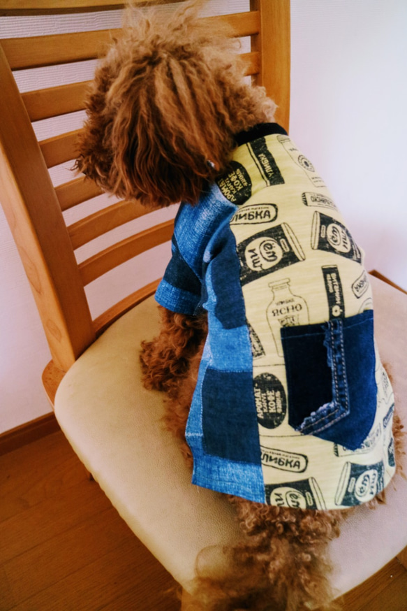 M　犬服　パッチワーク デニム Tシャツ トイプードル パピヨン　シーズ　グリーン ブルー 1枚目の画像