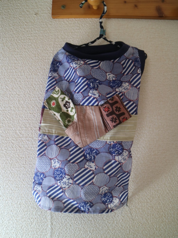 DM  パッチワーク  ワンタッチ 浴衣 着物 洋服型　ダックス トイプー  ブルー 2枚目の画像