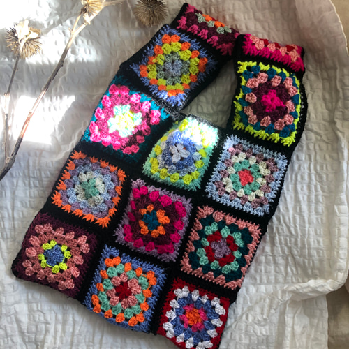 マチャケ様　スクエアLＬサイズ　グラニーバッグ　ハンドメイド マチャケ様 お花刺繍風 マチありLサイズ グラニーバッグ