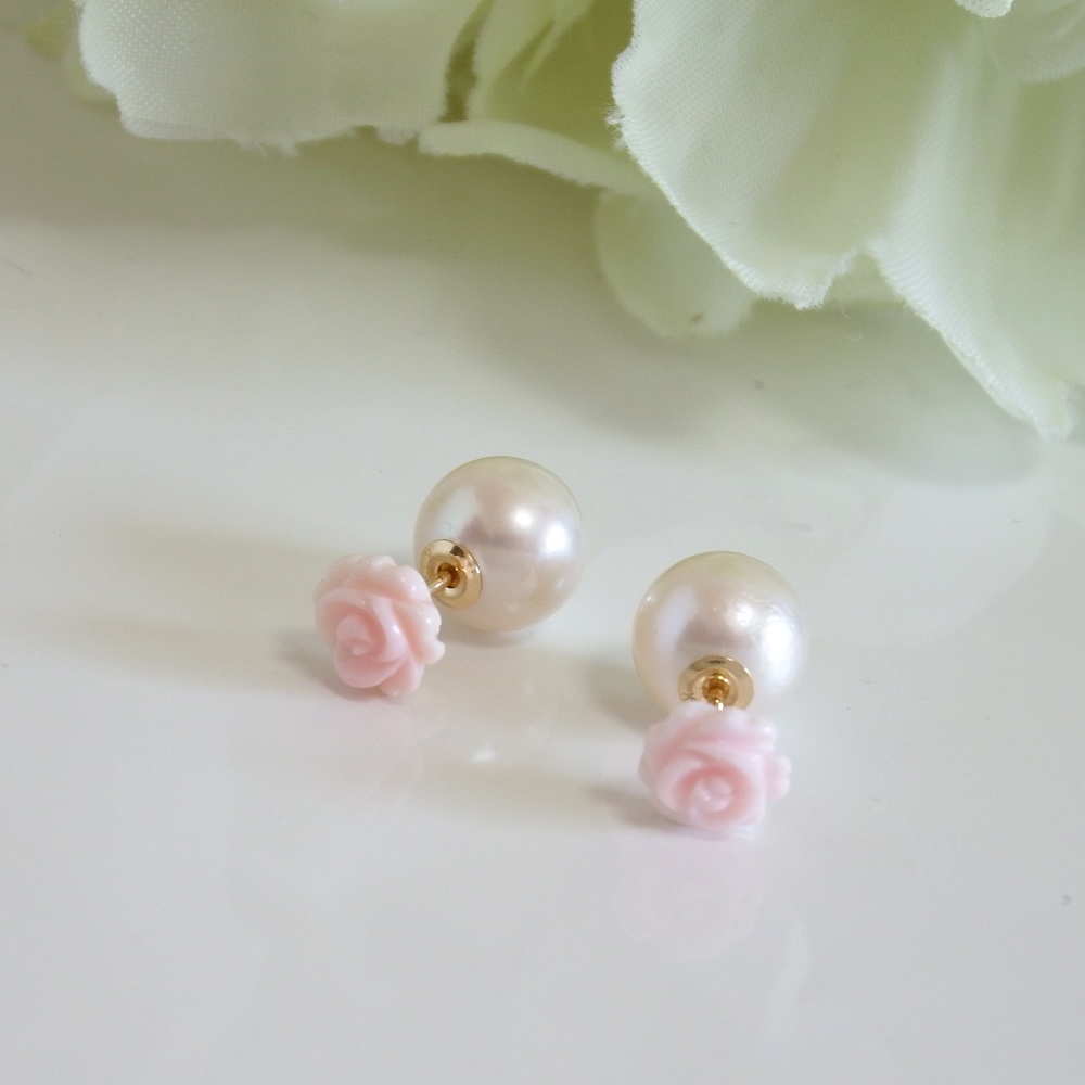 あこやパールピアスキャッチがついた薔薇のシンプルK18ゴールドピアス