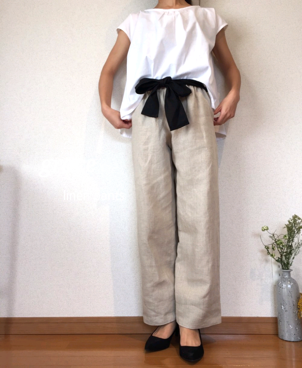 ♪さらっと軽いlinen pants♪ウエストゴムのリボンが可愛い麻のパンツ　ウエストのリボンベルトをベージュに変更可能