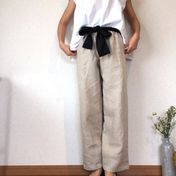 ♪さらっと軽いlinen pants♪ウエストゴムのリボンが可愛い麻のパンツ　ウエストのリボンベルトをベージュに変更可能 1枚目の画像