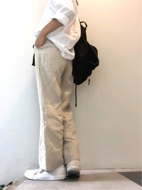 ♪さらっと軽いlinen pants♪ウエストゴムのリボンが可愛い麻のパンツ　ウエストのリボンベルトをベージュに変更可能 4枚目の画像