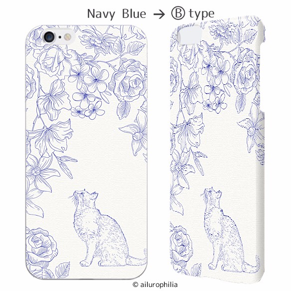 【猫とNavy Blueと花に囲まれて】スマートフォンケース側面あり 4枚目の画像