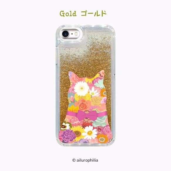 【猫・ピンクリボン☆花柄】iPhone用グリッターケース 2枚目の画像