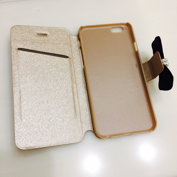 iPhone7/8手帳型ケース♡リボン×スワロ♡ゴールド♡キラキラデコケース 2枚目の画像