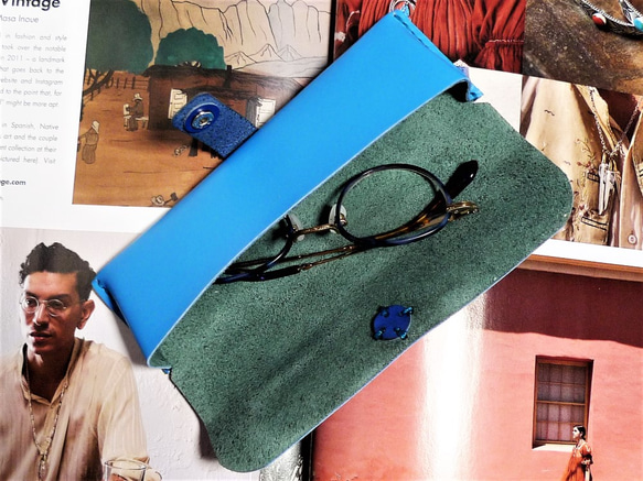 カラフルレザーのペンケース　ターコイズブルーとマリンブルー 4枚目の画像
