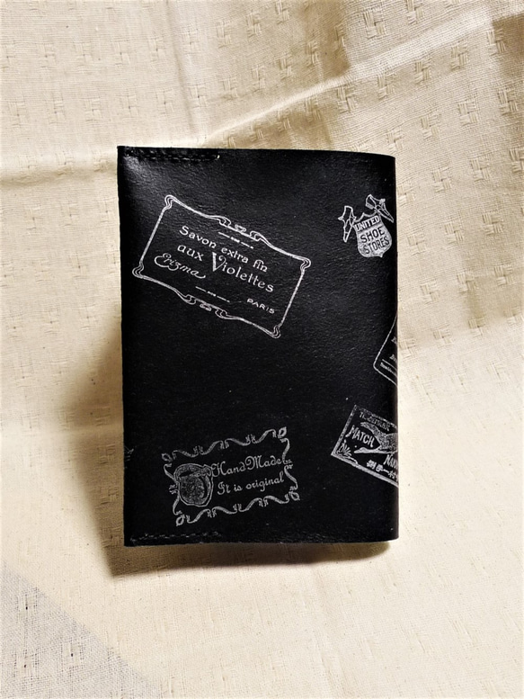 「アウトレットセール」送料無料　ブラック床革のブックカバービンテージスタンプ　文庫本サイズ 1枚目の画像