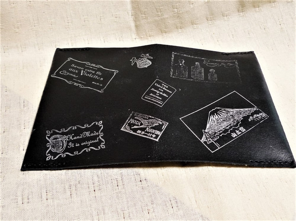 「アウトレットセール」送料無料　ブラック床革のブックカバービンテージスタンプ　文庫本サイズ 3枚目の画像