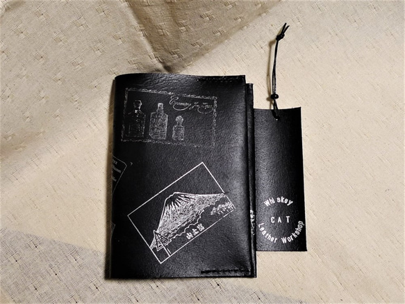 「アウトレットセール」送料無料　ブラック床革のブックカバービンテージスタンプ　文庫本サイズ 5枚目の画像