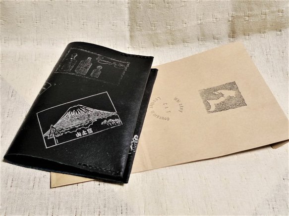 「アウトレットセール」送料無料　ブラック床革のブックカバービンテージスタンプ　文庫本サイズ 6枚目の画像
