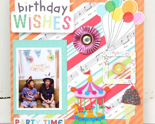 シェル フォトフレーム♡スクラップブッキング 完成品】スクラップブッキング・8インチ「birthday WISHES