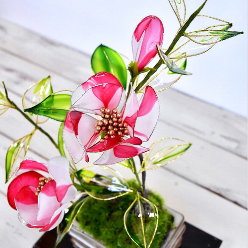 クラフト盆栽 紅白椿盆栽 赤と白の花 造花 - メルカリ