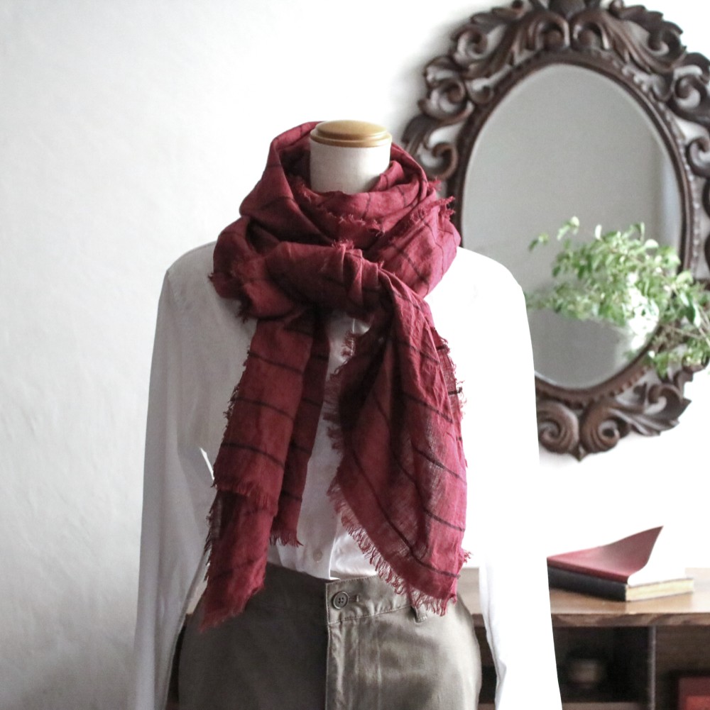 秋のリネンボーダーロングストール　wine red