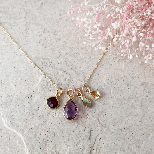 アメジストとガーネットの4チャームネックレスセット 金アレ対応