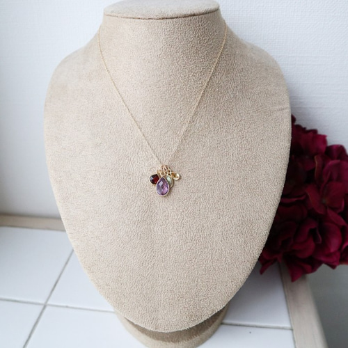 アメジストとガーネットの4チャームネックレスセット 金アレ対応