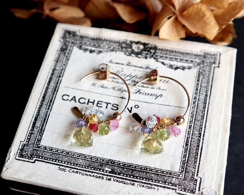 14kgf】レモンクォーツとカラフルストーンのフープピアス ピアス