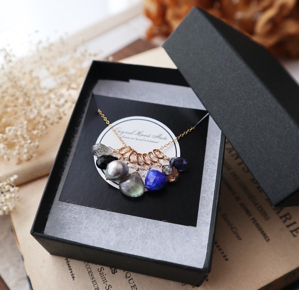 【14kgf】ブルーグレー天然石の7チャームネックレスセット