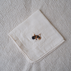 ねこ刺しゅうガーゼハンカチ【名入れOK】 1枚目の画像