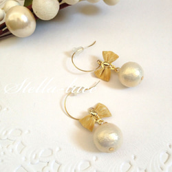 Gold ribon&Cotton Pearl ピアス☆ 2枚目の画像