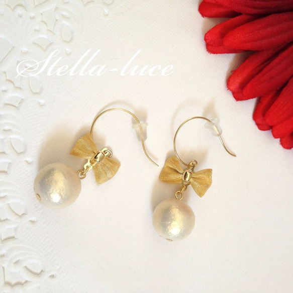 Gold ribon&Cotton Pearl ピアス☆ 3枚目の画像