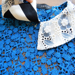 衿付きレースストール　(ブルーレース×シースルーカットワーク刺繍カラー)　トライアングルタイプ 5枚目の画像