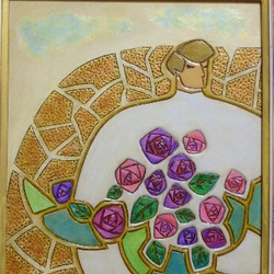 薔薇を抱える人　　革絵 2枚目の画像