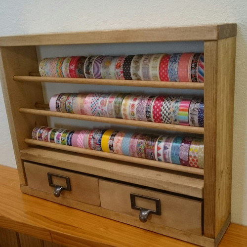 特大3段＋引出し 木製マスキングテープ収納棚 幅43×高さ34