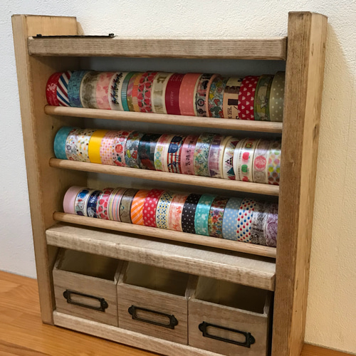 カッター付 3段＋引出しBOX☆マスキングテープ収納棚 幅31×高さ