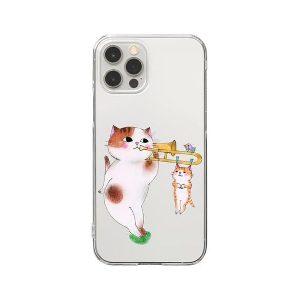 猫デザイン iPhone用ソフトケース iPhone用)トロンボーン猫のクリアソフトスマホケース iPhoneケース