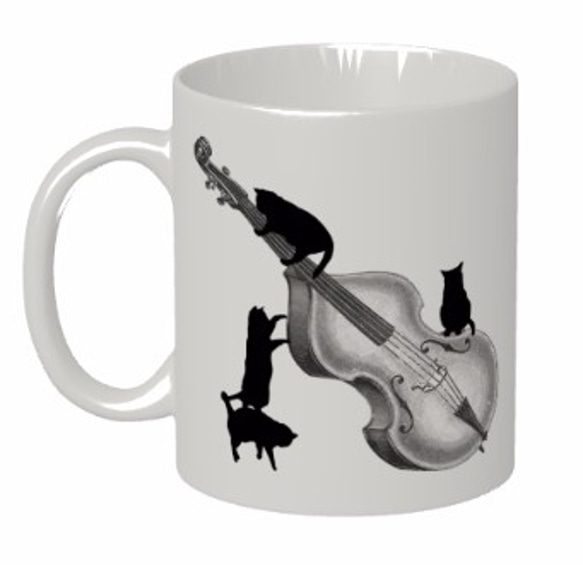 コントラバスと黒猫のマグカップ【楽器ねこシリーズ】 2枚目の画像