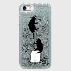 (iPhone用)三味線と黒猫のグリッタースマホケース【楽器ねこシリーズ】 1枚目の画像
