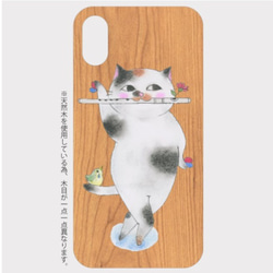 (iPhone用)フルート猫の木製スマホケース 1枚目の画像