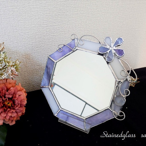 ✴︎:.。 ベージュの八角形の鏡♪ (20size/Max23) ステンドグラス 即納