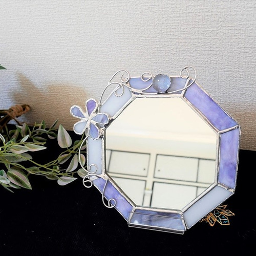 ✴︎:.。淡いブルーの八角形鏡♪　(size20㎝/max23）　ステンドグラス ✴︎:.。淡いブルーの八角形鏡♪ (size20㎝/max23） ステンドグラス