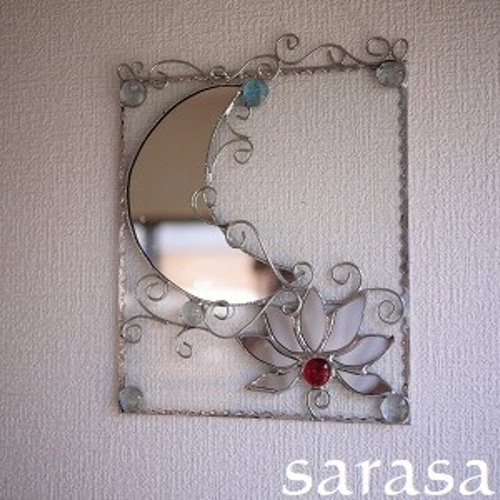 月と海壁かけ鏡ステンドグラス