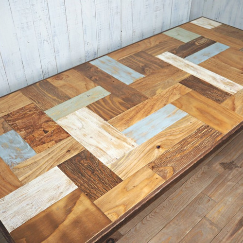 木製パッチワークテーブル ウォールナットパッチワークサークルテーブル（スチール脚）