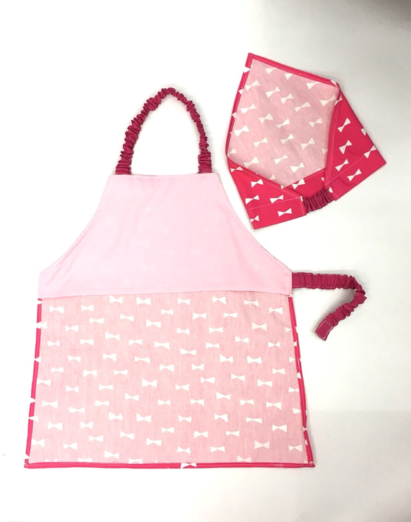 《送料無料》ピンクリボン柄ののエプロン＆三角巾 サイズフリー110 5枚目の画像